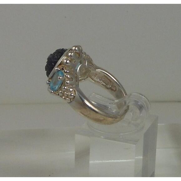 Handcrafted Vintage Blue Topaz Sterling Silver Ring Carved Chalcedony Size 4.5 - Picture 6 of 7